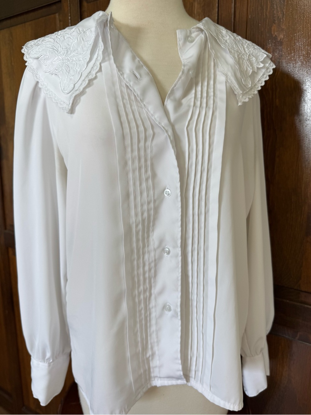 Vintage Lace Statement Collar Pintuck Blouse Cottagecore Coquette Medium - Picture 5 of 11